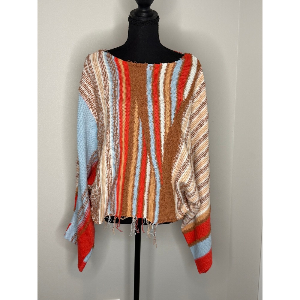 Klesis Women's Oversized Striped Knit Sweater Blue Orange Distressed M/L